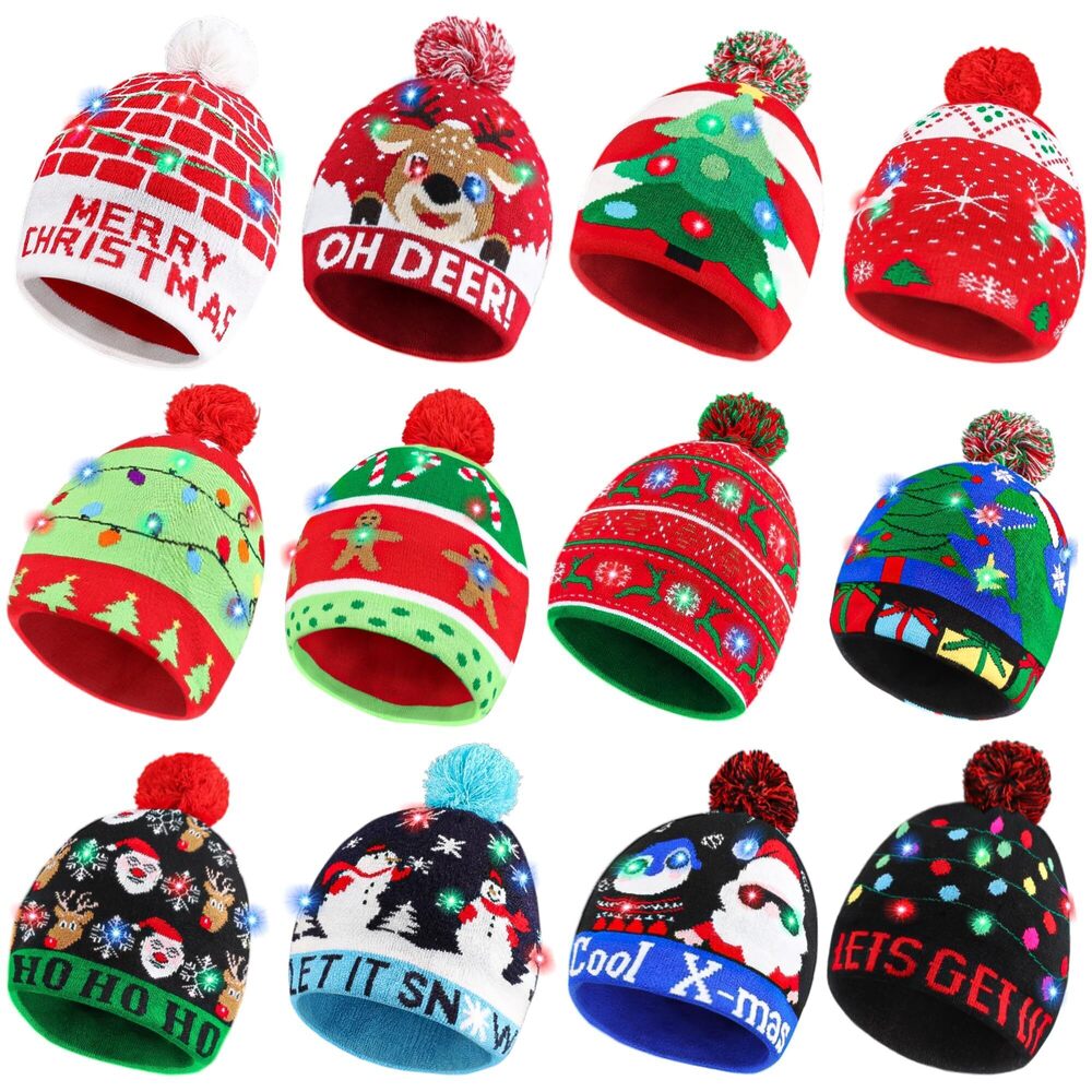 6323 12 Pack Light Up Christmas Hat, Christmas Knitted Beanie Hat, Cute